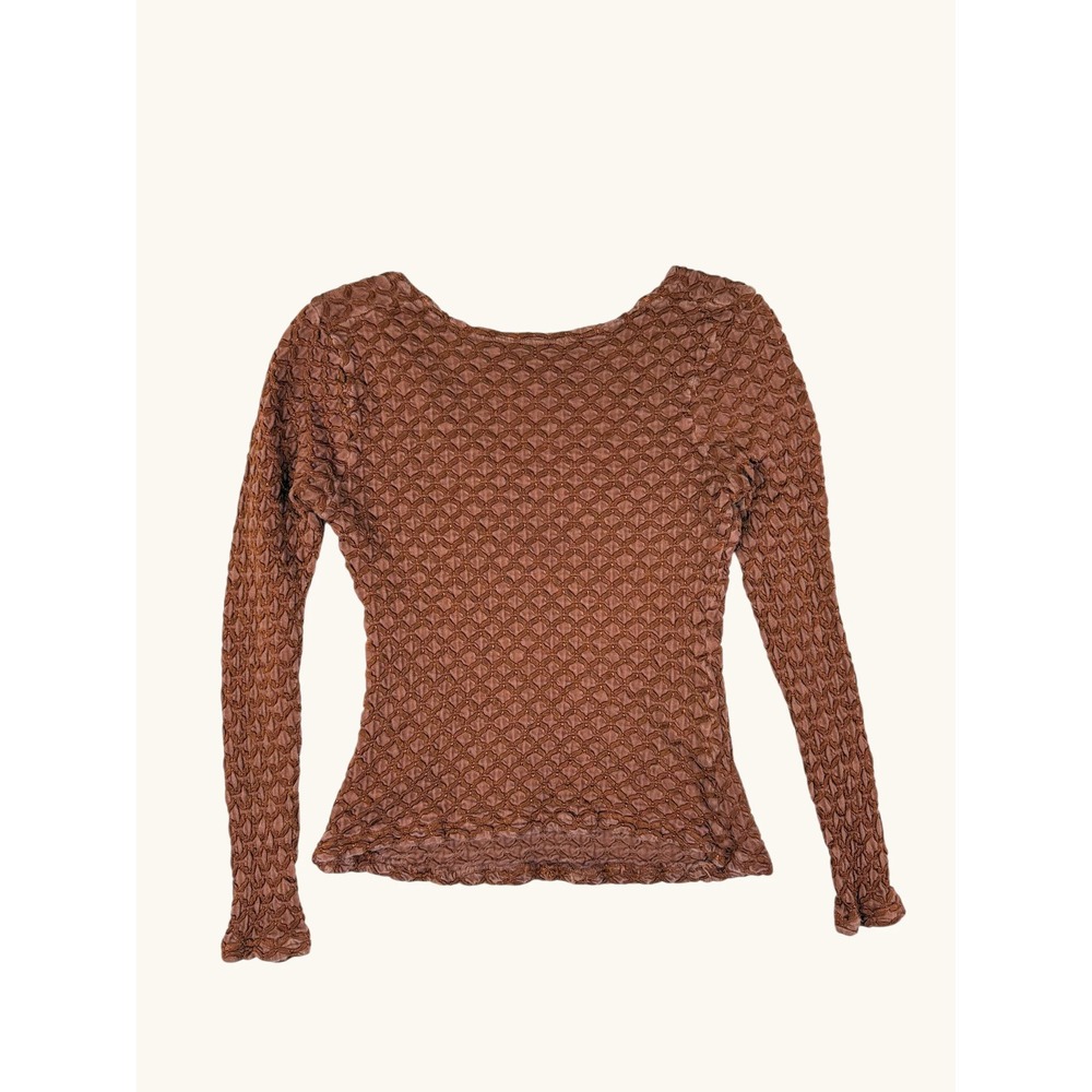 Popcorn Bubble Texture Long Sleeve Top Brown Scoop Neck Lettuce Edge Stretch